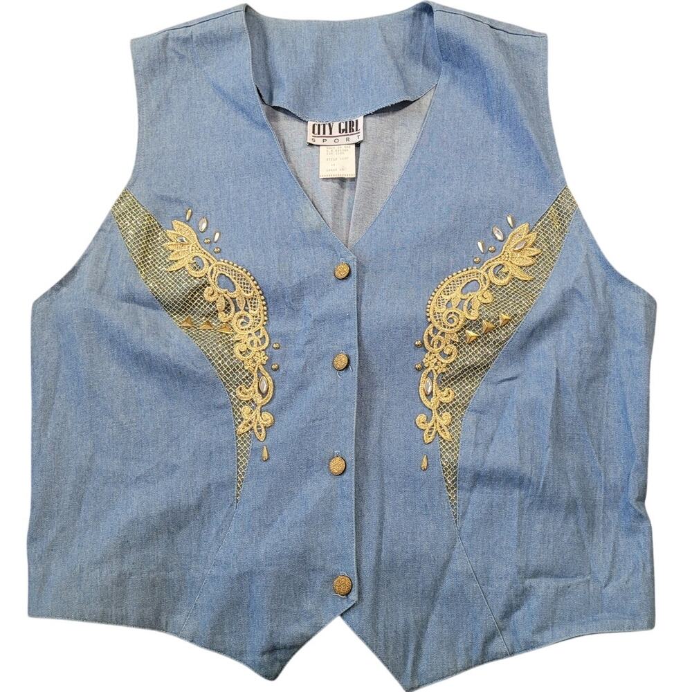 Vtg 80s Glitter & Gold Women's XL Denim Vest Gold Lace Wings Western Rodeo Ranch